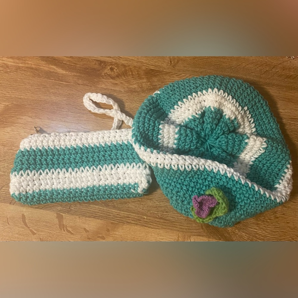 Stylish White and Green Women's Handmade Crochet Hat & Small Purse